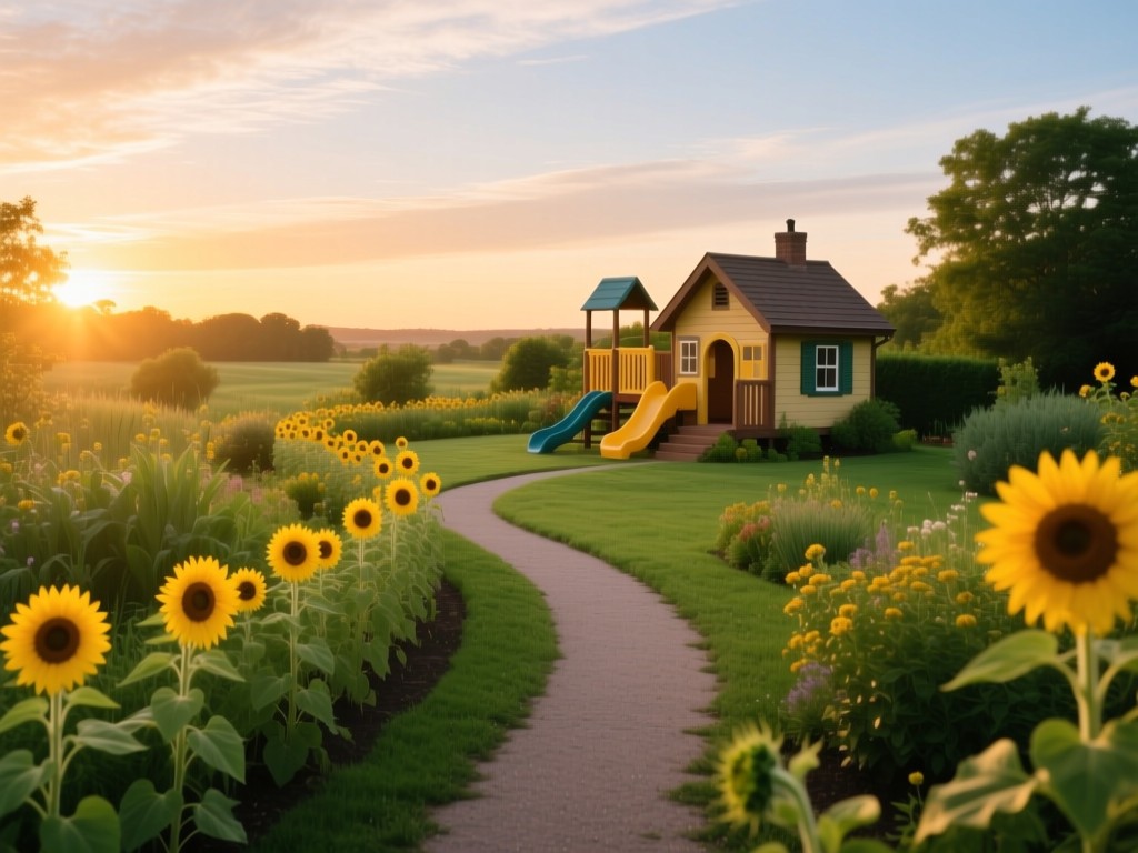A winding garden path lined with sunflowers during golden hour, leading to a cozy playhouse, soft warm lighting, vibrant greens and yellows, discovery metaphor, expansive sky.