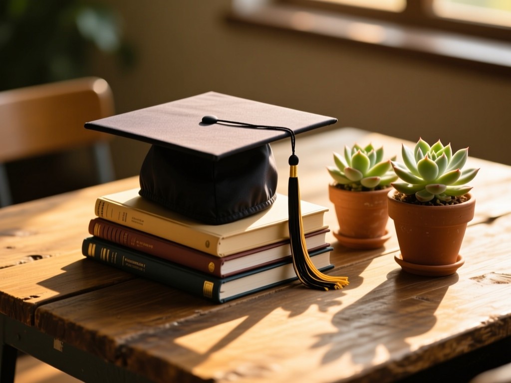 A graduation cap resting on stacked notebooks beside potted succulents. Golden hour light creates long shadows on a rustic wooden table. Warm academic vibe. No people.