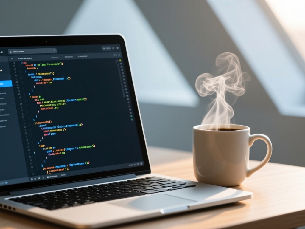 Close-up of a modern laptop showing clean code interface. Beside it, a coffee mug with steam rising in morning light. Soft focus on abstract geometric shapes in background. No people.