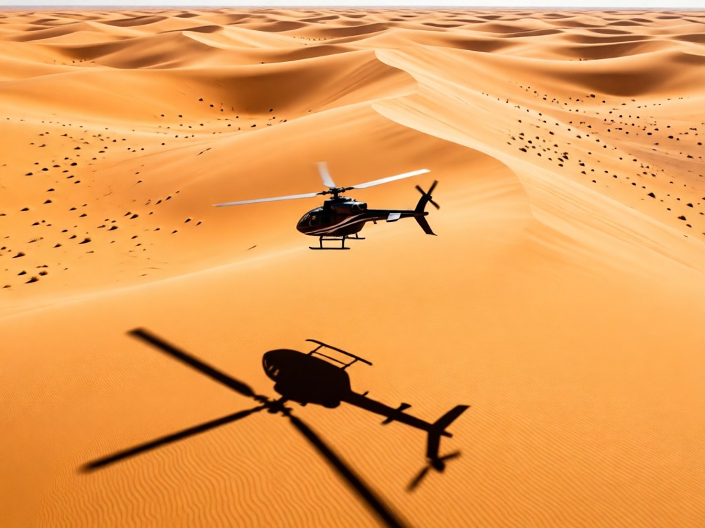 Aerial view of an RC helicopter hovering over sun-drenched sand dunes. Shadow cast sharply below. Warm desert tones with minimal landscape. No people.