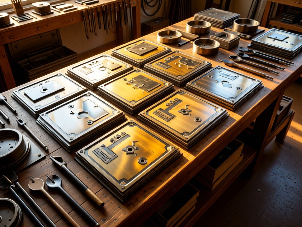 An overhead shot of perfectly aligned printing plates on a workshop table. Golden hour light emphasizes metallic surfaces and precise craftsmanship. No people.