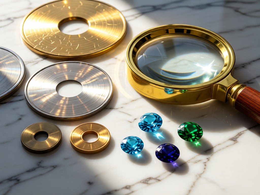 Close-up of polished metal samples and gemstones beside a magnifying glass. Sunlight catches metallic reflections on a marble surface. No people.