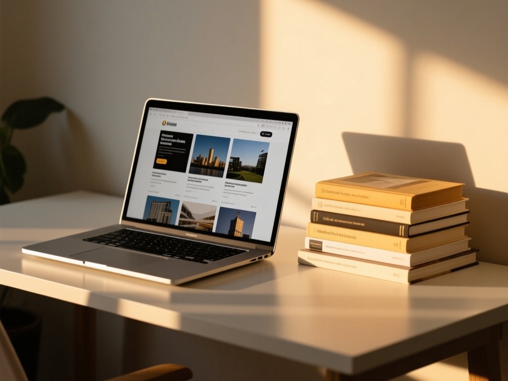 A minimalist desk with open laptop showing article thumbnails. Beside it, neatly stacked books catch golden hour light. Soft shadows create depth. No people.