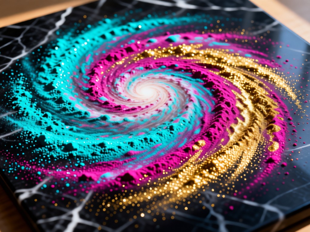 A spiral galaxy of colorful pigment powders arranged on a dark marble slab. Turquoise, magenta, and gold pigments create cosmic patterns. Natural light highlights textures. No people.