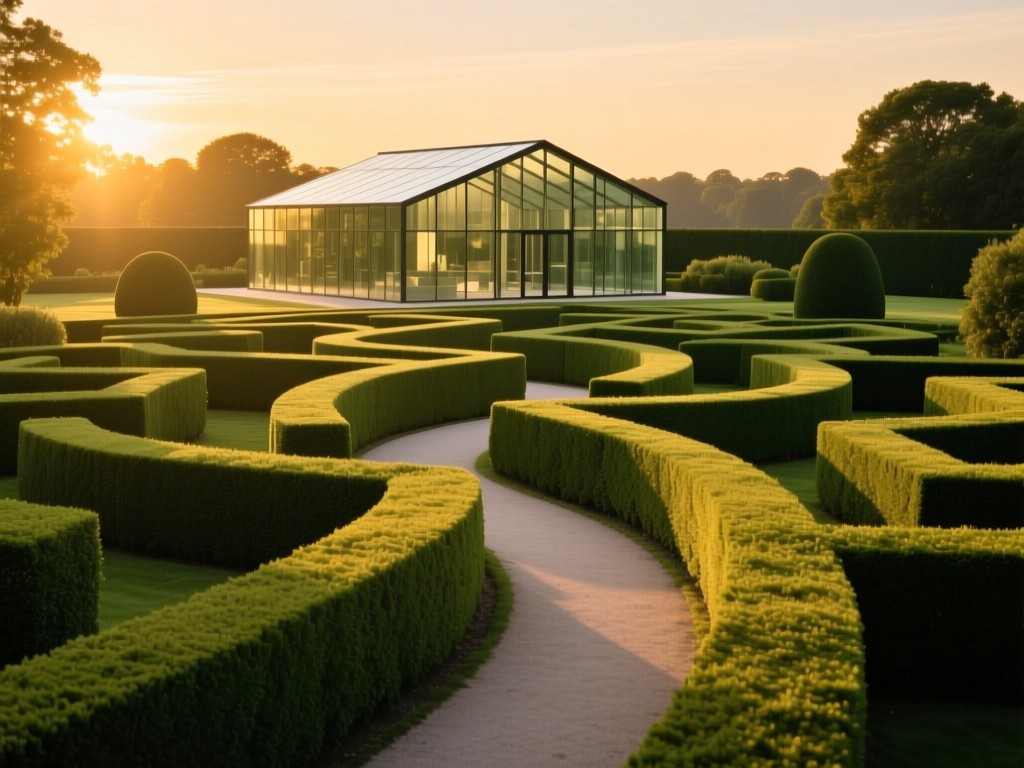 A winding path through an elegant topiary garden maze at golden hour, leading to a contemporary glass structure, soft directional lighting, geometric hedges symbolizing structured discovery, natural greens and golds, no people.