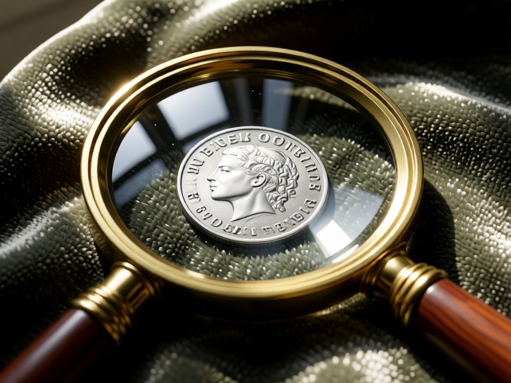 A vintage magnifying glass focused on a rare silver coin on velvet cloth. Soft window light creates dramatic highlights on textured surfaces. No people.