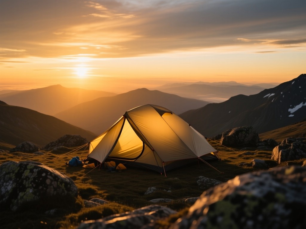A single tent pitched on a high-altitude plateau at sunset, illuminated by golden light against expansive skies, symbolizing basecamp and exploration, soft shadows on surrounding rocks, no people.