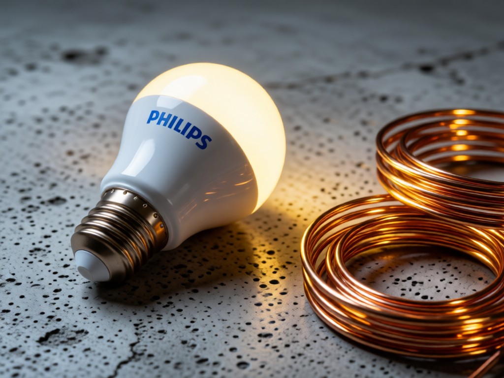 Close-up of a glowing Philips LED bulb on a textured concrete surface. Golden light reflects off copper wiring coils beside it, creating warm metallic highlights against cool gray tones. No people.