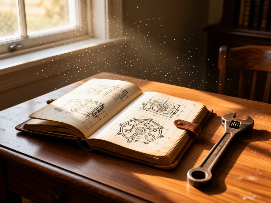 A weathered leather-bound journal open to sketched engine diagrams beside a vintage wrench on a walnut desk. Morning light streams through adjacent window, illuminating dust motes. Warm and nostalgic. No people.