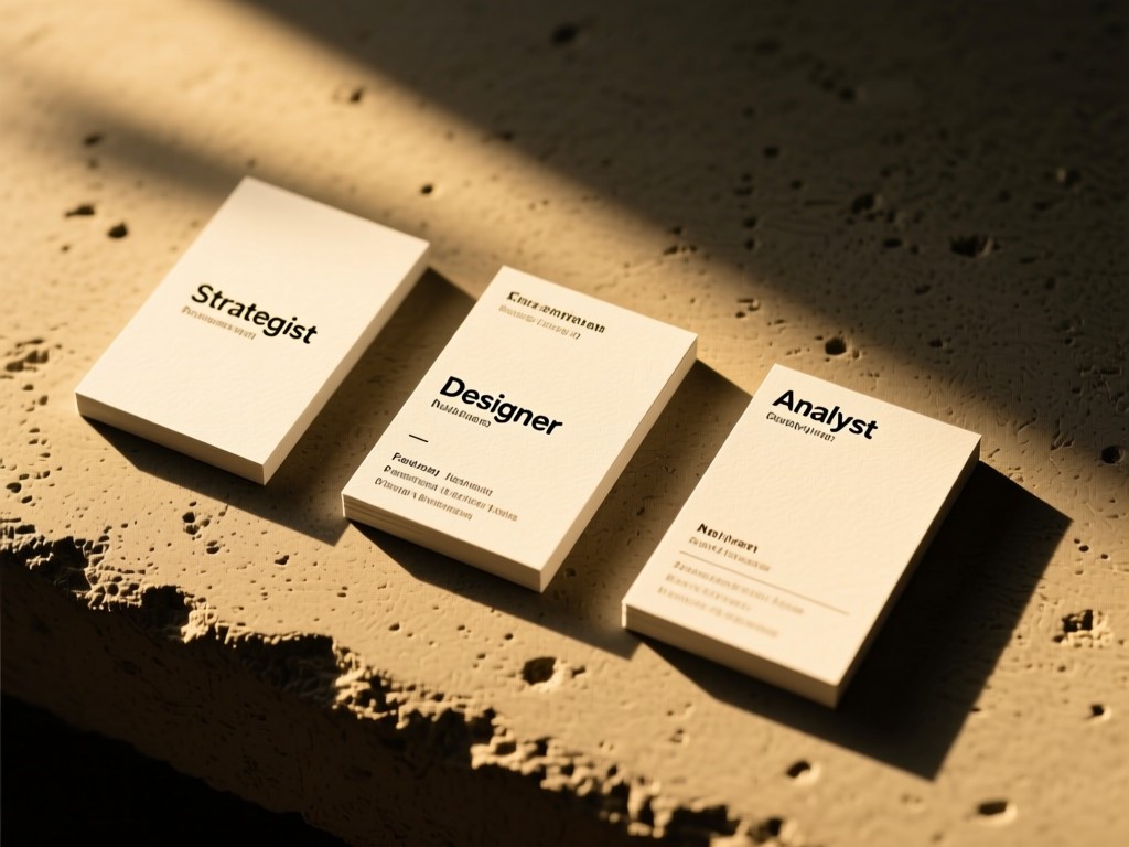 Artistic arrangement of three minimalist business cards on a concrete surface. Cards feature different roles: Strategist, Designer, Analyst. Golden hour shadows emphasize depth. No people.