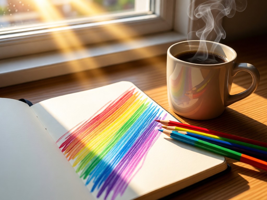 Close-up of open notebook with rainbow-colored pencil sketches beside a steaming coffee mug. Sunlight streams through window. No people.
