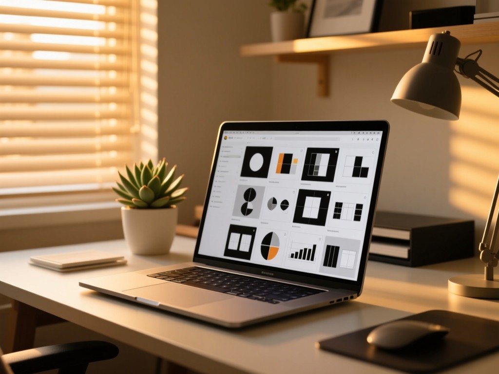 A sleek laptop on a designer's desk during golden hour, screen displaying a grid of design projects, warm sunlight filtering through window blinds, minimalist workspace with a succulent plant, shallow depth of field.