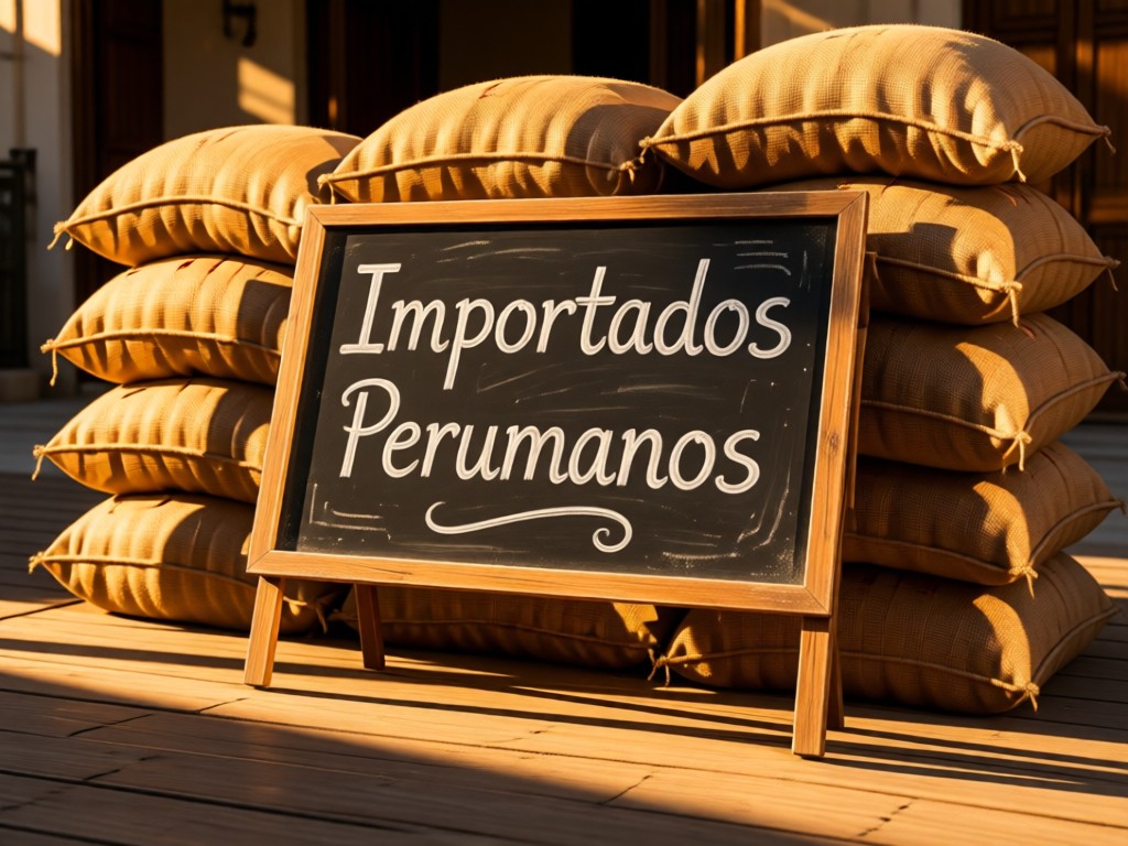 A rustic chalkboard sign reading 'Importados Peruanos' beside stacked grain sacks. Golden hour light creates long shadows. Symbolizes discoverability. No people.
