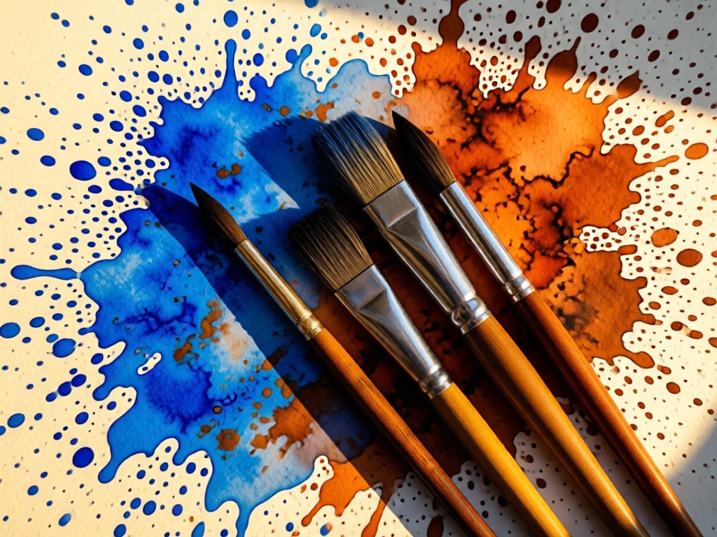 An aerial view of watercolor brushes resting on handmade paper, surrounded by pigment splashes in cobalt blue and burnt sienna. Golden hour lighting creates texture shadows. No people.