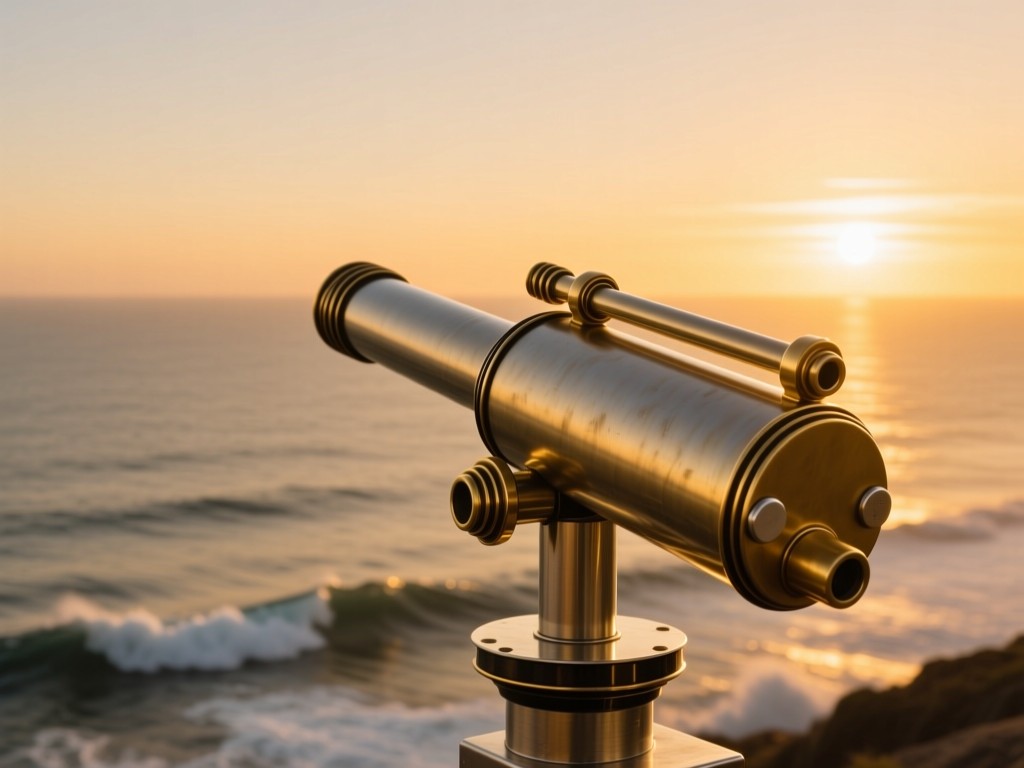 A vintage brass telescope pointed toward a golden-horizon ocean at sunset, waves gently breaking, symbolizing global perspective and discovery, soft warm lighting, minimalist composition, no people.