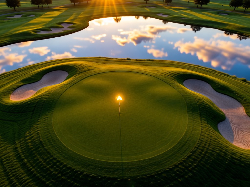 Aerial view of a single golf hole at sunset. The flag catches golden light while bunkers frame the green. Water hazards reflect the sky, symbolizing focus and precision. No people.