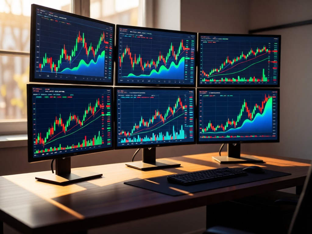 A sleek desk with multiple monitors displaying colorful financial charts. Morning light highlights the screen data while leaving the rest in soft shadow. No people.