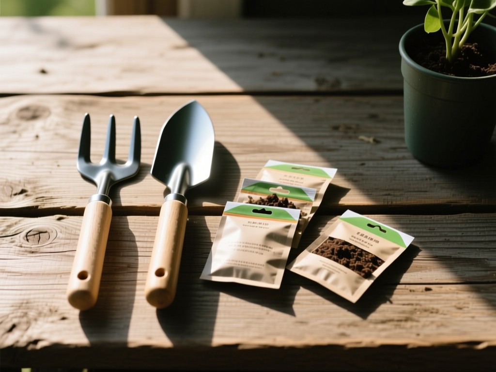 Minimalist arrangement of gardening tools and seed packets on a rustic wooden surface. Morning light highlights textures with ample negative space. No people.