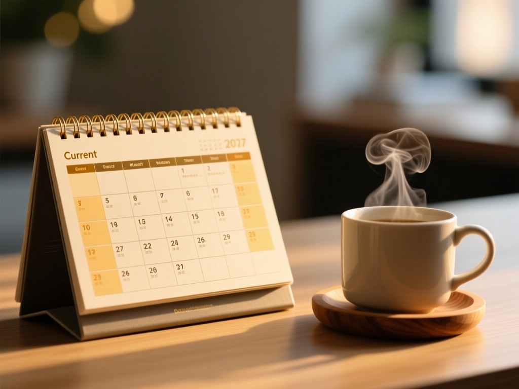 A sleek desk calendar open to current month, golden hour light highlighting appointment blocks. Nearby, a steaming mug sits on a wooden coaster. Soft bokeh background. No people.