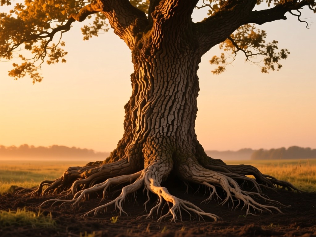 A single oak tree with intricate bark patterns at golden hour, roots spreading deep into soil, symbolizing artistic roots and growth, warm sunset tones, minimalist nature scene.
