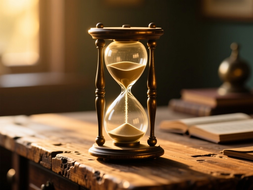 An antique hourglass on a rustic desk bathed in golden hour light, sand flowing steadily, shallow depth of field, warm wood textures, symbolic of time efficiency, no text or distractions.