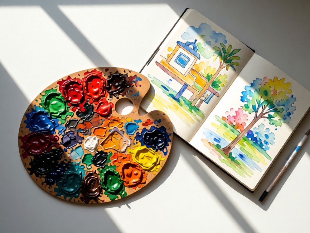 Overhead shot of an artist's palette with fresh acrylic paints, resting beside a sketchbook open to watercolor studies. Soft sunlight creates long shadows. Clean composition. No people.