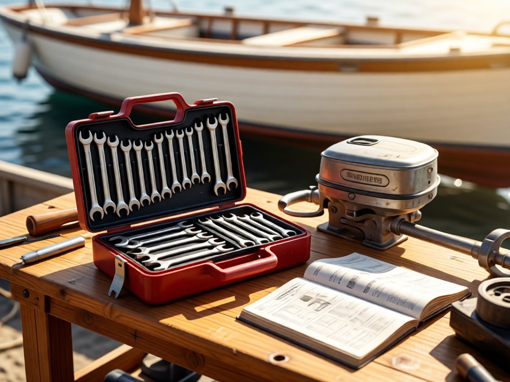 Neatly organized marine toolbox with specialized wrenches on a sunlit workshop bench. A vintage outboard motor manual sits open beside it. Soft focus background shows boat hull. No people.