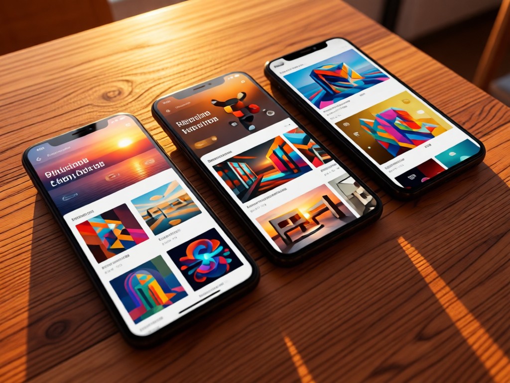 Three angled smartphones displaying different art portfolio layouts on a wooden surface. Sunset light creates warm reflections on the screens. No people.