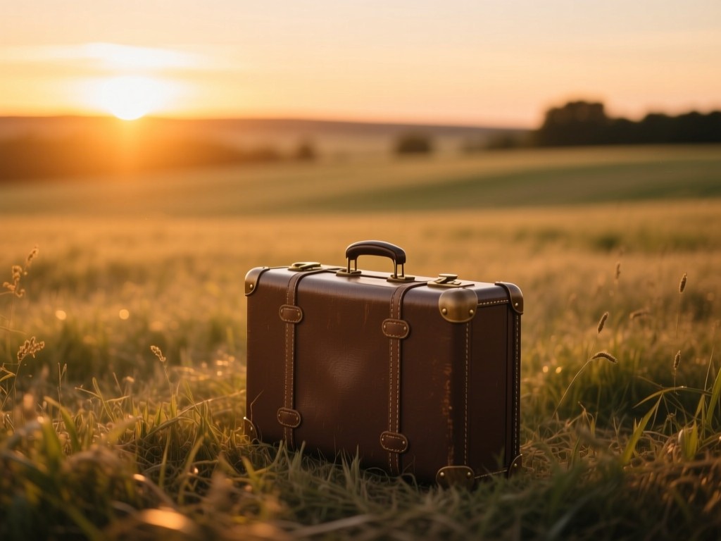 A single vintage suitcase in an open field during golden hour, warm sunset glow illuminating its details, soft shadows, symbolizing travel readiness and opportunity, natural color palette, no people.