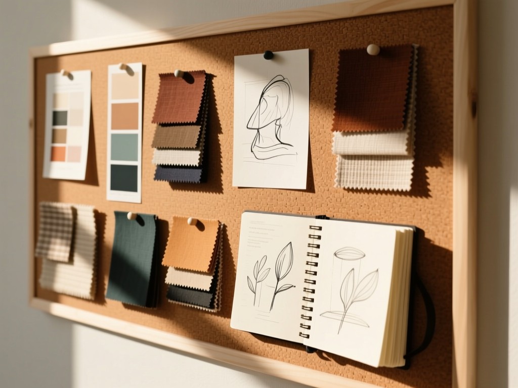 An angled view of a curated mood board pinned to a cork wall. Color swatches, fabric samples, and sketchbook pages arranged harmoniously. Soft afternoon light creates depth. No people.