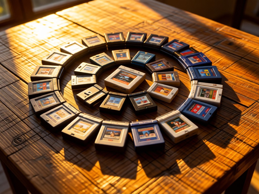 An artistic arrangement of Nintendo 3DS game cartridges forming a spiral on a rustic wooden table. Golden hour light creates long shadows and warm reflections. No people.