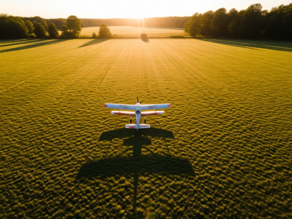 Aerial view of an open grassy field at golden hour. A single RC plane sits center-frame, its shadow stretching long. The scene symbolizes freedom and technical passion. Distant trees frame the composition. No people.