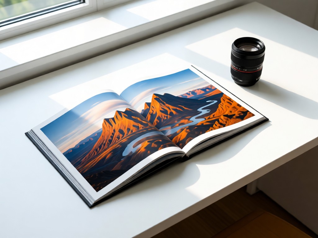 A minimalist white desk holding an open portfolio book displaying bold landscape photos. Natural light illuminates the pages. A single lens rests beside it. Clean and focused composition.