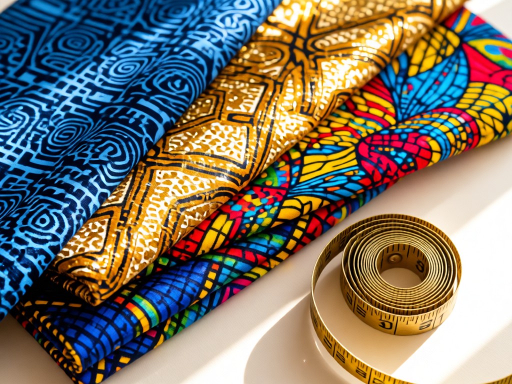 Flat lay of folded Nigerian fabrics: indigo Adire, gold Aso Oke, and vibrant Ankara. Natural morning light, fabric textures prominent. Brass measuring tape coiled beside them. No people.