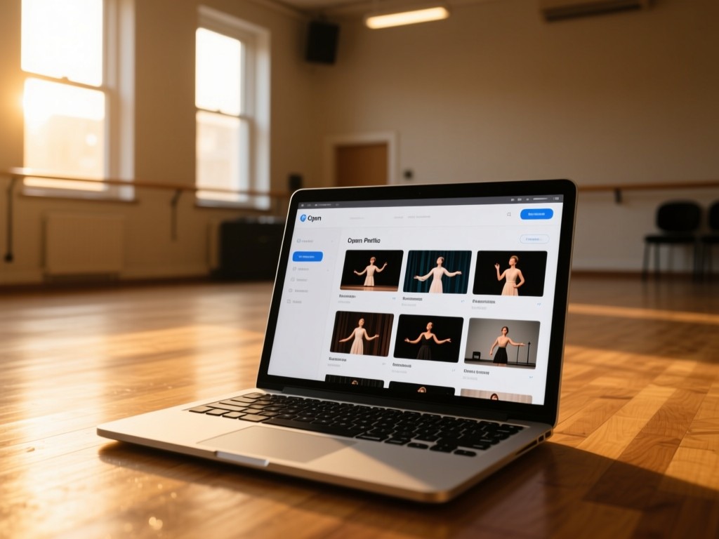 Open laptop on a rehearsal room floor during golden hour, screen displaying a clean acting portfolio interface with thumbnails of performance clips, soft natural light through windows, wooden floors, shallow depth of field, no people.