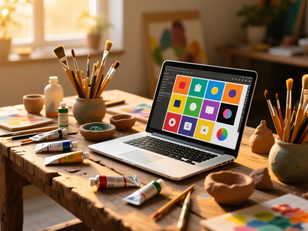A rustic wooden table at golden hour displaying scattered art supplies - paint tubes, brushes, and clay beside an open laptop showing a colorful digital portfolio grid. Soft sunlight, shallow depth of field, warm tones.