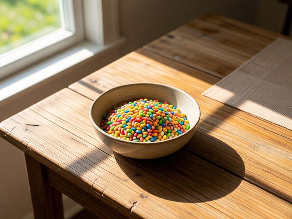 Aerial view of a single ceramic bowl filled with rainbow grain salad on a reclaimed wood table. Sunlight streams through nearby windows, creating soft shadows. Symbolizes simplicity and nourishment. No utensils or people.