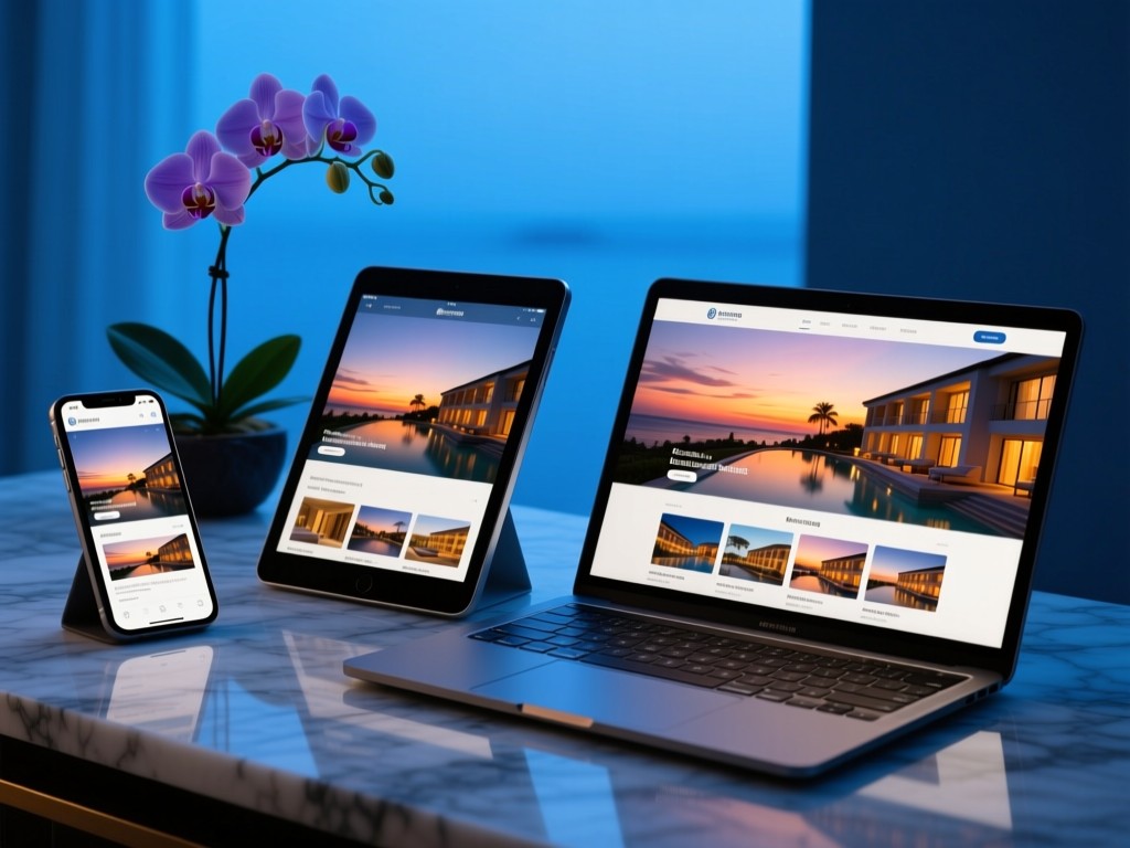 Three angled devices (phone, tablet, laptop) showing the same hotel portfolio at sunset. Screens glow against a marble surface with a single orchid. Blue hour ambiance.