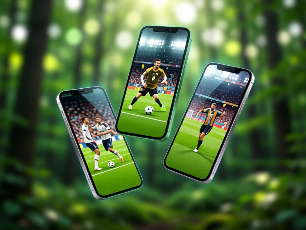 Three smartphone screens floating against a forest-green background, showing different matchday photos. Soft bokeh light effects. No people.