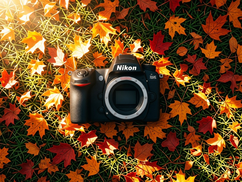 An aerial view of a single Nikon camera body surrounded by autumn leaves in a sun-dappled forest clearing. Symbolizes focus and natural artistry. Golden hour lighting. No people.