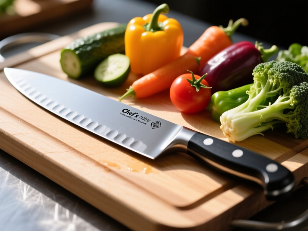 Chef's knife resting on a cutting board with colorful vegetables. Sunlight highlights the blade's edge and produce textures. Clean composition symbolizing precision and freshness.