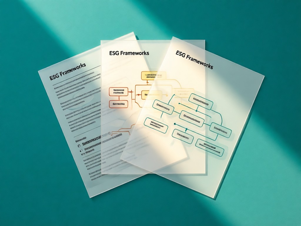 Three overlapping transparent sheets showing ESG frameworks against a teal backdrop. Sunlight creates luminous layers through the papers. Clean minimalist composition. No people.