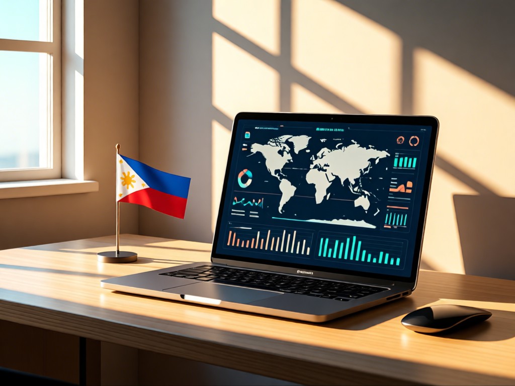 A laptop showing world map analytics beside a miniature Philippine flag. Warm light from window creates long shadows. Minimalist desk setup. No people.