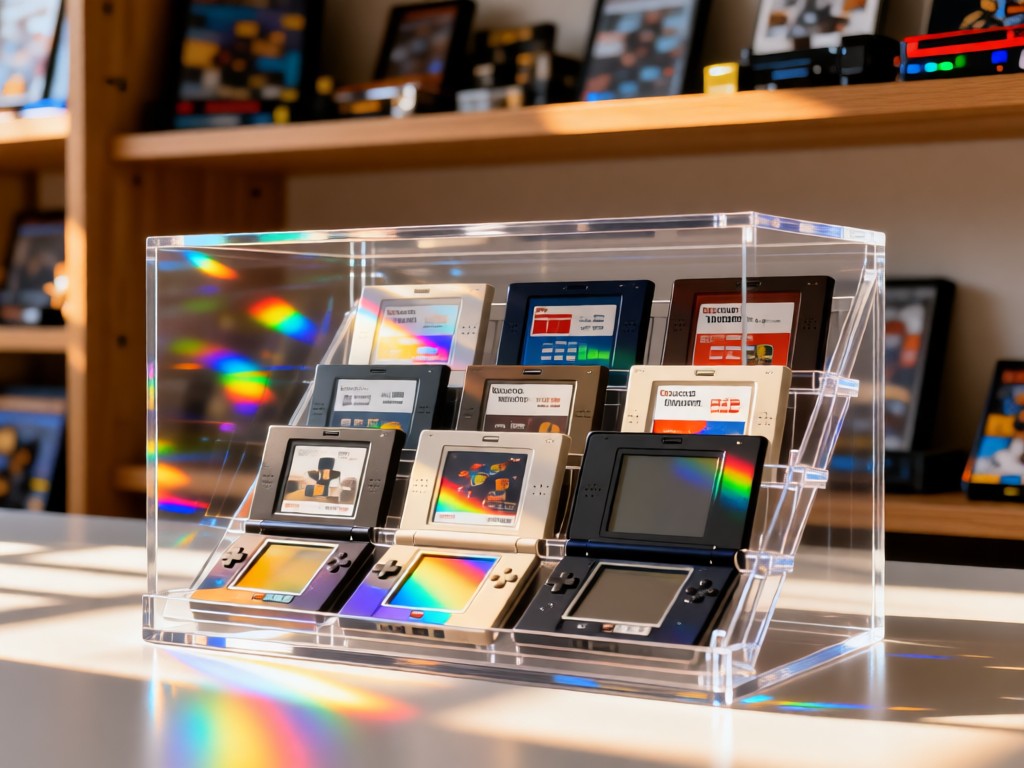 Neatly arranged Nintendo DS game cartridges in acrylic display case. Sunlight creates rainbow reflections on plastic cases. Shelves with gaming memorabilia in soft focus. No people.