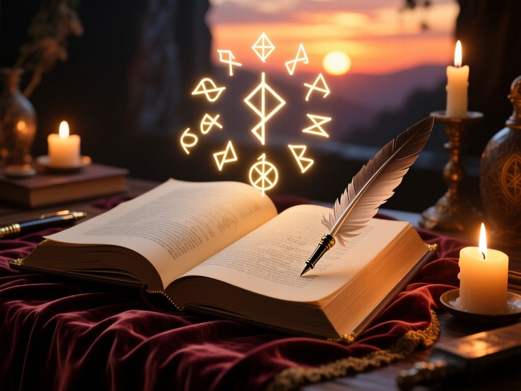 An open grimoire on a velvet cloth during sunset, quill pen resting beside it, glowing runes floating above the pages, warm candlelight ambiance, mystical workspace setting, no text visible.