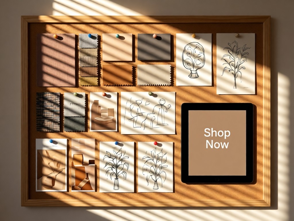 A curated mood board pinned to cork: fabric swatches, sketch drawings, and a 'Shop Now' tablet display. Warm sunlight creates depth through window blinds. No people.