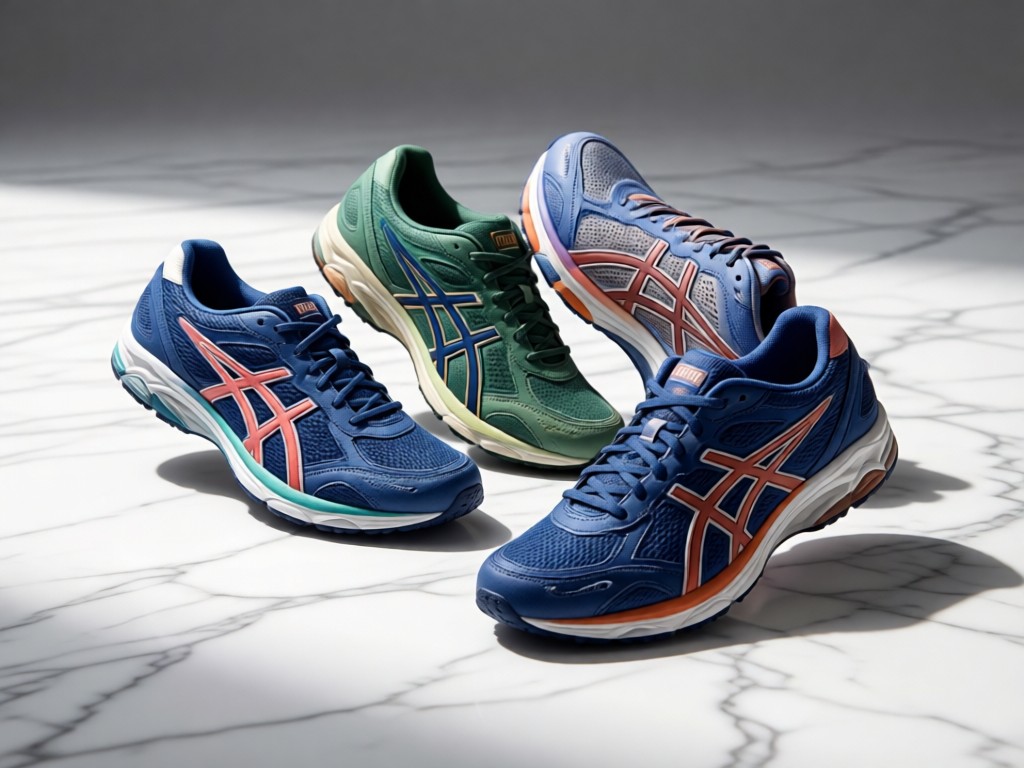 Three Onitsuka sneakers arranged in dynamic angles on a white marble surface. Soft directional light highlights textures and colorways. Subtle shadow play. Clean negative space. No people.