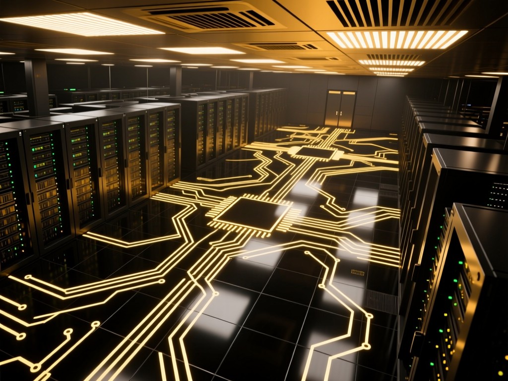 Aerial view of server farm floor patterns creating circuit-like formations. Warm gold light filters through ceiling vents onto black reflective floors. Symbolizes organization and scale. No people.
