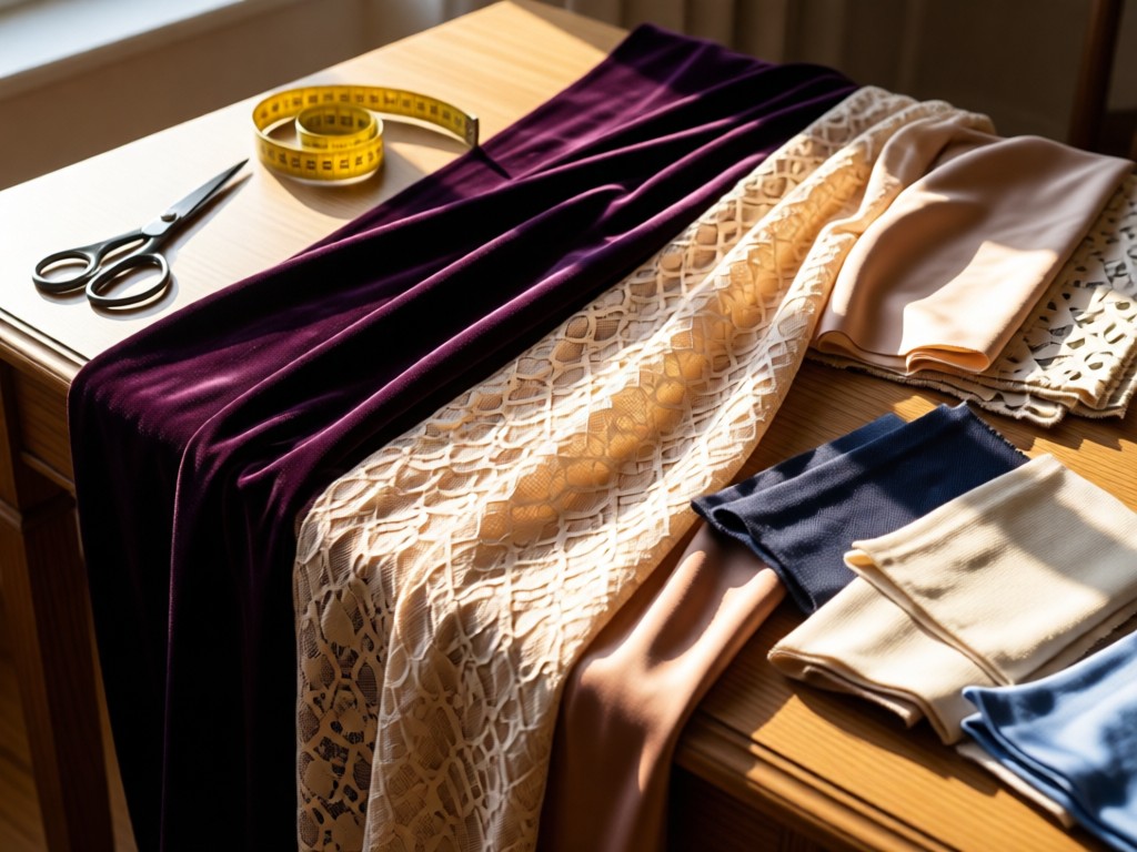 Close-up of luxurious dress fabrics draped over a sewing table: velvet, lace, and jersey samples. Morning sun highlights textures with soft shadows. Scissors and measuring tape artfully placed nearby.