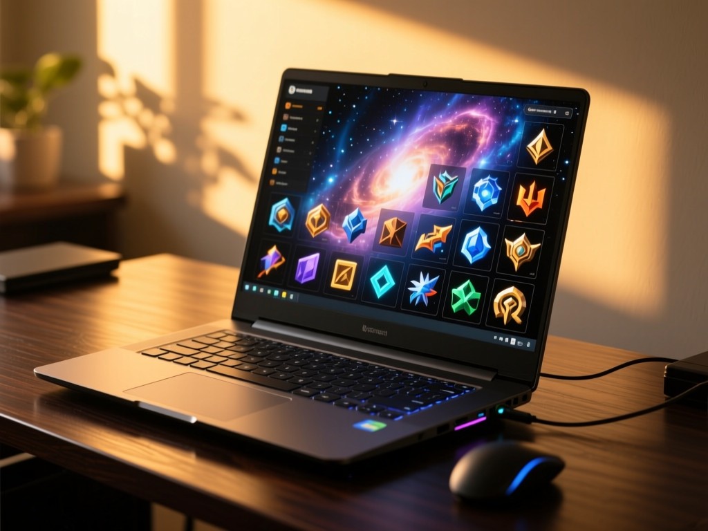 A sleek gaming laptop on a dark wooden desk at golden hour, screen displaying a grid of game assets against a cosmic nebula wallpaper, warm sunlight casting soft shadows, shallow depth of field, no visible text.